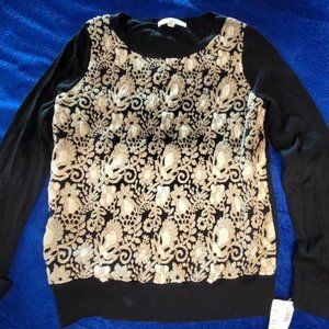 Anne Taylor Black Sweater with Gold and Tan print on the front. Size L